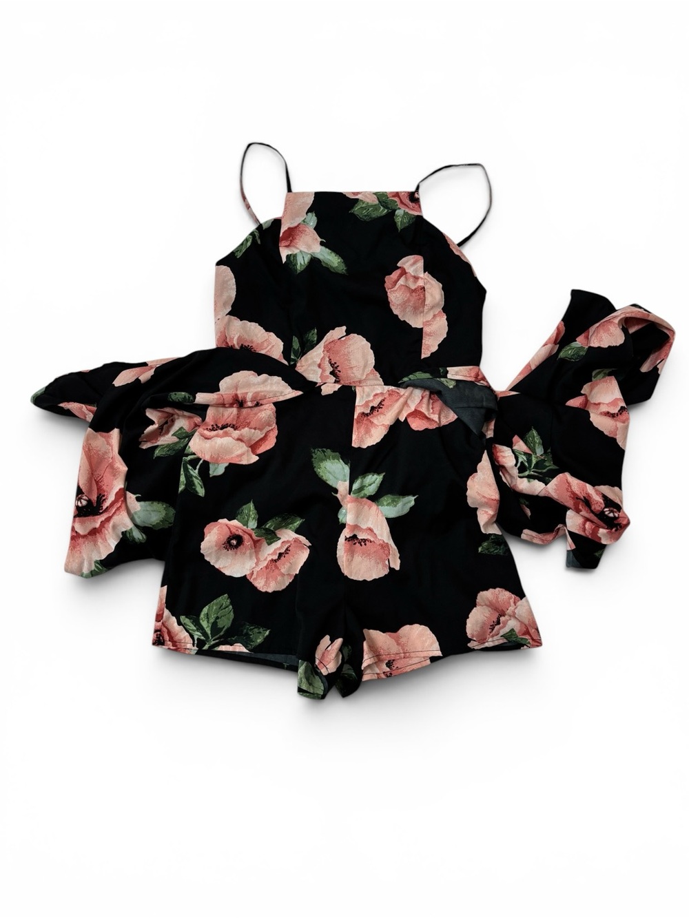 Band of Gypsies Floral Maxi Overlay Romper Women S Black Blush Smocked Boho - Picture 14 of 16
